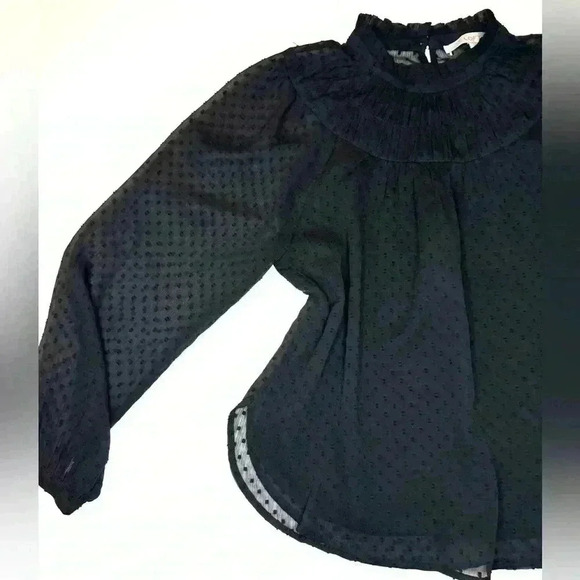 Loft Womens Flocked Dot Ruffle Neck Blouse Size XS Black - Picture 2 of 6